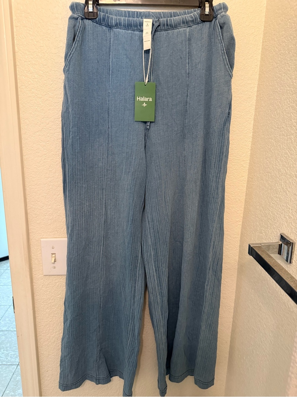 HALARA Blue Ribbed Wide-Leg Cotton Pants